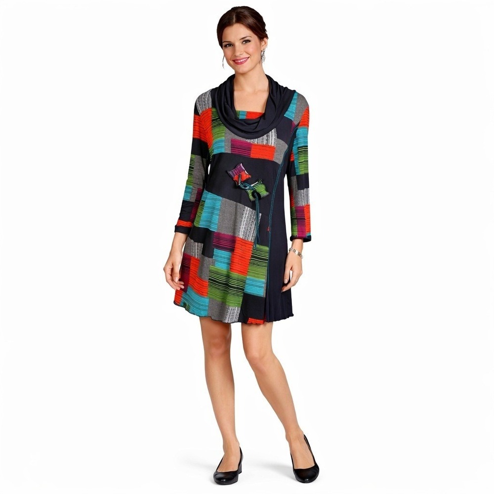 Joseph Ribkoff Tunic Dress 10 Patchwork Colorblock Cowl‎ Neck Abstract Geometric - Picture 2 of 12